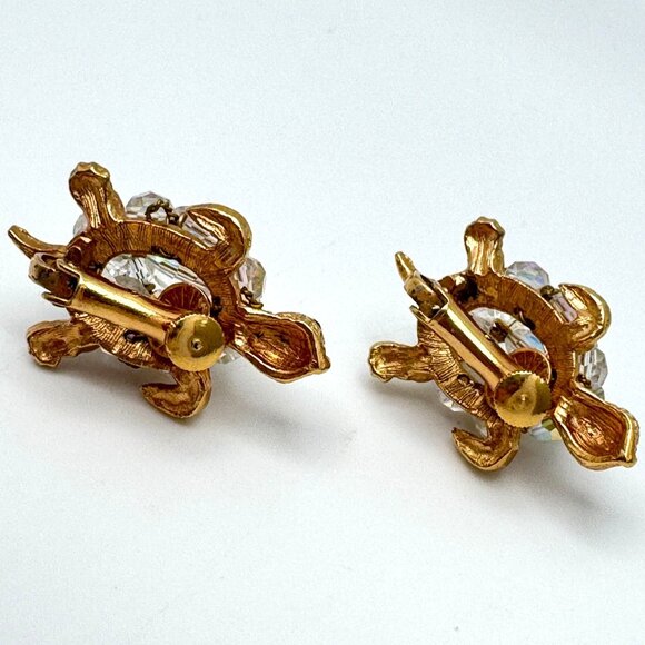 Turtle 50s Clip-On Earrings Gold Tone Green Clear Rhinestone Vintage Design - Picture 6 of 8